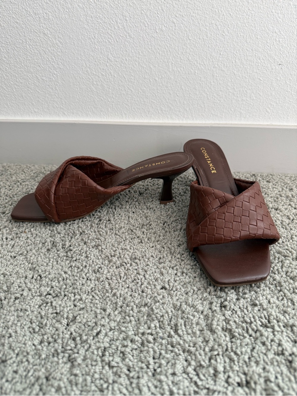 Brown Woven Leather Square-Toe Kitten Heels